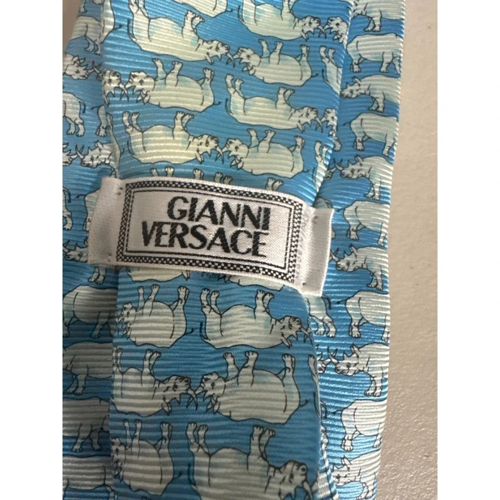 Gianni Versace Mens Silk Tie Light Blue White Rhinoceros Animal Print Italy - Picture 2 of 6